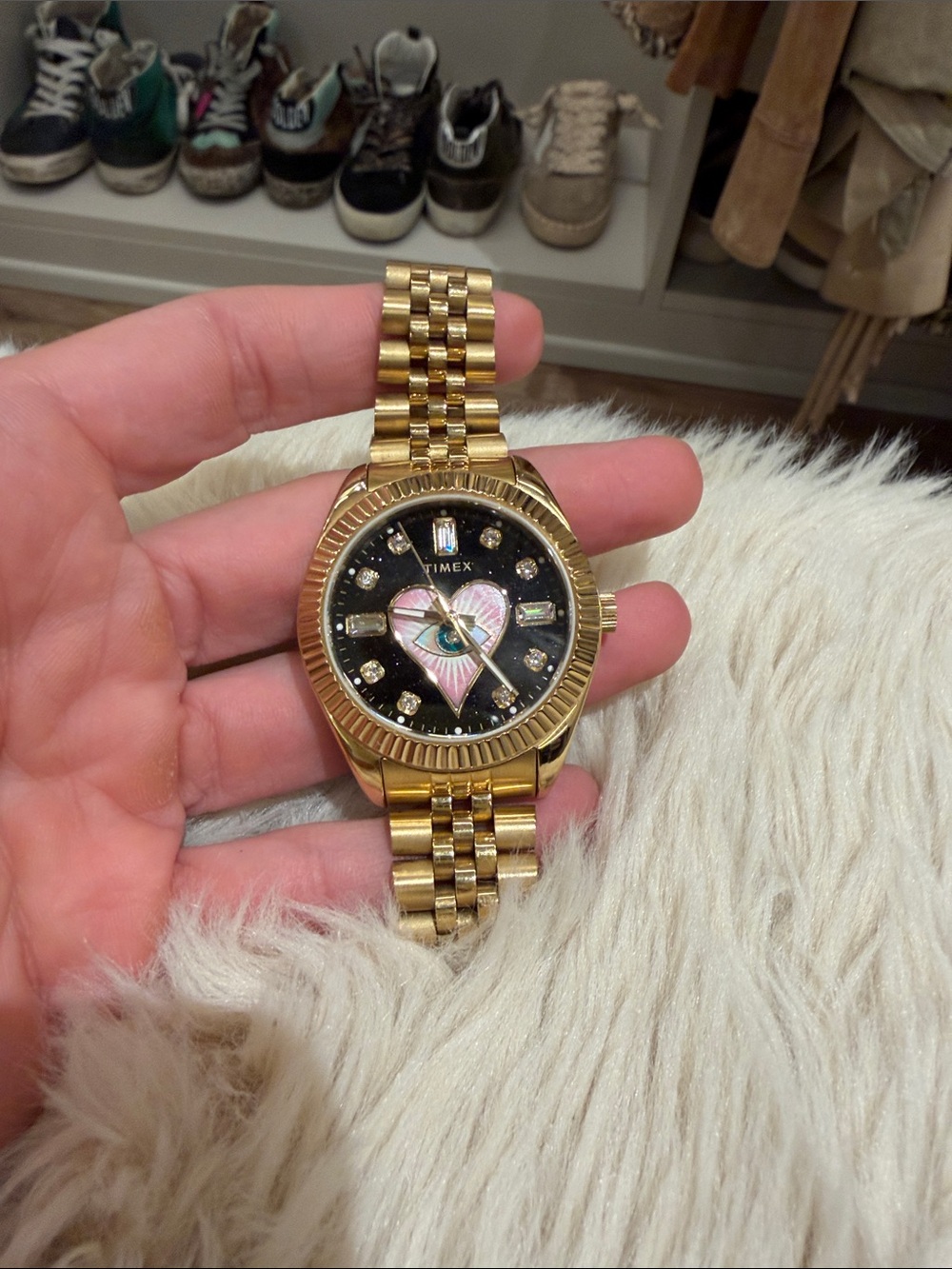 Jacquie Aiche Timex Gold-Tone Bracelet Watch with Pink Heart Accent